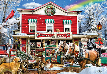 Old General Store in Winter, house, snow, car, trees, birds, dogs, artwork, digital, horses HD wallpaper