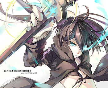 black rock shooter, black, blue eyes, black hair, long hair, katana, cap HD wallpaper