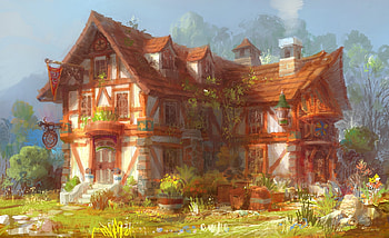 House, art, fantasy, paperblue net, luminos, orange HD wallpaper