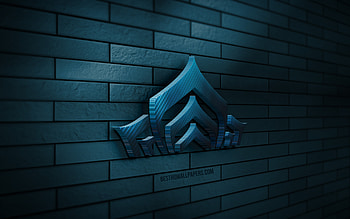 Warframe 3D logo, , blue brickwall, creative, online games, Warframe logo, 3D art, Warframe HD wallpaper