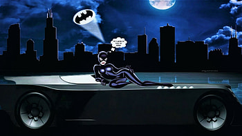 Catwoman on the Batmobile, catwoman, selina kyle, bruce wayne, cartoon, gotham city, nexus, dc comics, batmobile, background, anime, batman HD wallpaper