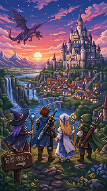 Fantasy Anime, Castle, Dragon, Village, Pixel Art HD phone wallpaper
