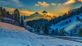 Church Maria Gern, Bavarian Alps, winter, snow, germany, trees, landscape, road, mountains, alps HD wallpaper