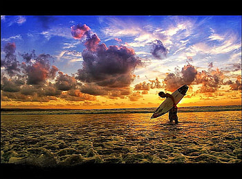 Evening tide, blue, golden, colorful, cloudy, pin, tide, man, surf, painting, water, surfboard HD wallpaper