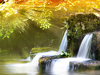 forest falls, sunlight, rocks, beauty, wet, sunrays, bright, trees, nature, waterfll, water, sun, forest HD wallpaper