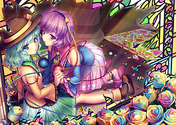 Sisters, komeiji koishi, colorful, purple hair, cute, dress, purple eyes, flower, short hair, hat, female, sexy, skirt, sayori, roses, hot, girl, anime girl, leaves, anime, love, siblings, touhou, leaf, girls, heart, green eye, komeiji satori HD wallpaper