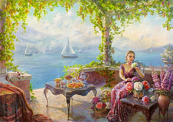 Afternoon at the Harbor, harbour, digital, art, fantasy, , flowers, girl, woman, beautiful HD wallpaper