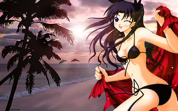 anime girl 80 1280 x800. jpg, playtime, bikini, girl, plamtrees, beach HD wallpaper