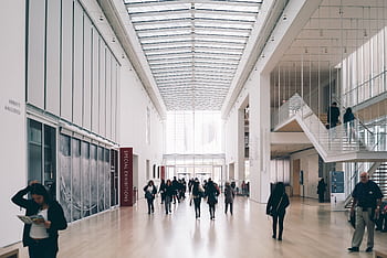 Spacious art gallery lobby with visitors in a modern architectural setting. HD wallpaper