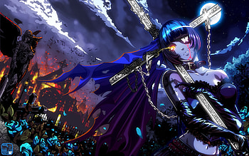 Scourge of the Midnight Dragon, night, cross, tattoo, rose, moon, castle, blood, bats, sexy, eyepatch, alone, hot, ikkitousen, dark, fear, cool, fire, ryomou shimei, ikki tousen HD wallpaper
