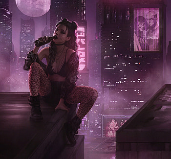 Fantasy girl, pink, aleksandra wojcik, top, girl, drink, night, art, roof, buildings, fantasy HD wallpaper