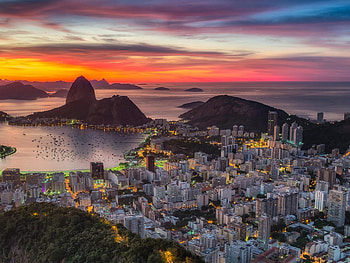 Rio de Janeiro, Guanabara Bay, Sunset twilight, Panoramic view HD wallpaper