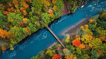 A footbridge across Bad River in Copper Falls State Park, Wisconsin, fall, aerial, nature, river HD wallpaper