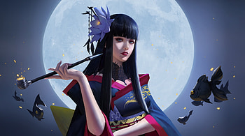 Fantasy girl, night, blue, kimono, frumusete, asian, art, girl, anima08, moon, fantasy, pesti, luna, fish, luminos HD wallpaper