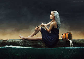 Alone, sea, tub, art, trunk, girl, water HD wallpaper