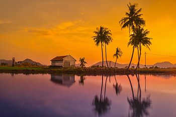 Lake, sunset, silhouette, reflections HD wallpaper