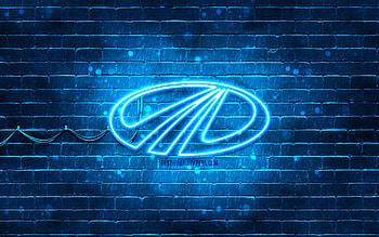 Mahindra blue logo, , blue brickwall, Mahindra logo, brands, Mahindra neon logo, Mahindra HD wallpaper