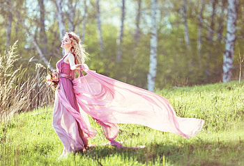 Touch of the Sun, grass, dress, beauty, wind, pink, trees, flowers, women, forest HD wallpaper