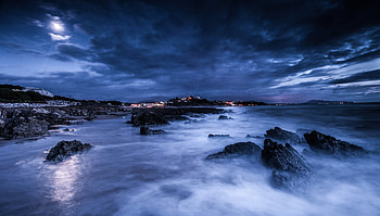 Nature, Stones, Sea, Night, Clouds, Moon, Lights, Shore, Bank HD wallpaper
