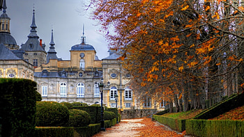 beautiful palace in autumn, palace, path, trees, garden, autumn, steeples HD wallpaper