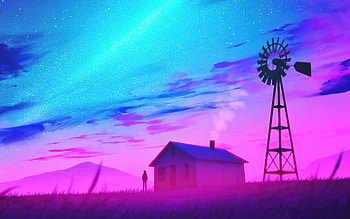 abstract landscapes, , loneliness concept, windmill, northern lights, house, creative HD wallpaper