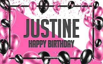 Happy Birtay Justine, Birtay Balloons Background, Justine, with names, Justine Happy Birtay, Pink Balloons Birtay Background, greeting card, Justine Birtay HD wallpaper