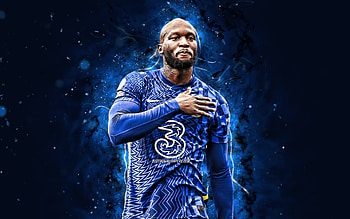 Romelu Lukaku, , 2021, Chelsea FC, belgian footballers, Premier League, Romelu Menama Lukaku Bolingoli, soccer, Romelu Lukaku Chelsea, football, blue neon lights, Romelu Lukaku HD wallpaper