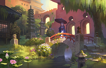 Bridge, Park, Anime, Original, Flower, Horns, Oriental, Umbrella HD wallpaper
