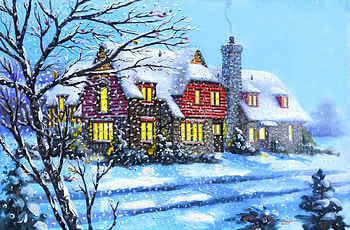 Winter house, winter, frost, art, house, peaceful, beautiful, panting, snowflakes, snowfall, snow, cottage, village HD wallpaper