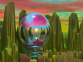 Beyond, colors, sky, mountains, spere, reflections HD wallpaper