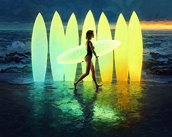 Surfer, night, frumusete, art, girl, surf, summer, fantasy, yellow, luminos, artem chebokha, vara HD wallpaper