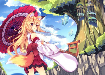 Kitsune, umbrella, nekomimi, blond hair, kimono, blonde, yukata, long hair, nice, scenery, scenic, , blonde hair, cloud, female, sweet, blond, scene, neko mimi, girl, tree, kawaii, anime girl, anime, pretty, sky, lovely HD wallpaper