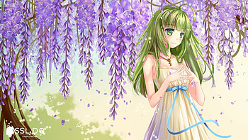 Gumi, girl, vocaloid, purple, pink, wisteria, anime, manatsu riko, flower, green, manga HD wallpaper