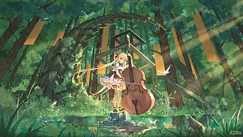 :), green, atdan, instrument, shian, anime, girl, manga HD wallpaper