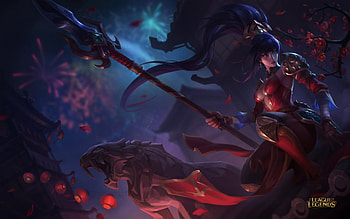 Nidalle, night, lanterns, art, League of Legends, beautiful, dress, woman, videogames, lady, red, warrior, female HD wallpaper