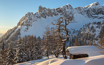 cabin under a mountain in deep winter, winter, forest, cabin, mountain HD wallpaper