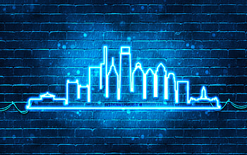 Philadelphia blue neon silhouette, , blue neon lights, Philadelphia skyline silhouette, blue brickwall, american cities, neon skyline silhouettes, USA, Philadelphia silhouette, Philadelphia HD wallpaper