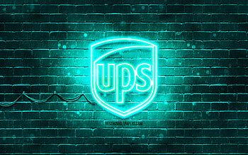 UPS turquoise logo, , turquoise brickwall, UPS logo, brands, UPS neon logo, UPS HD wallpaper