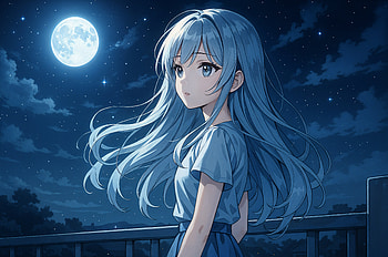 Moonlit Anime Night —, Anime Girl, Blue Hair, Long Hair, Portrait HD wallpaper