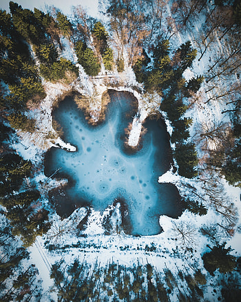 Pond, lake, winter, snow, aerial view HD phone wallpaper