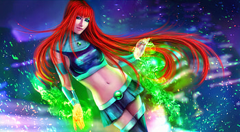 Starfire, blue, fantasy, magicnaanavi, green, redhead, girl HD wallpaper