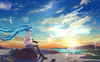 Hatsune Miku Vocaloid Long Hairs Taking Nature Pics , hatsune-miku, vocaloid, anime, anime-girl, artist, artwork, digital-art HD wallpaper
