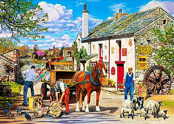 The Old Mill, dog, artwork, horse, house, sheep, watermill, people, cart HD wallpaper