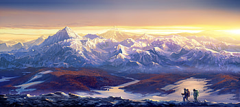 Hiking To The Snowy Mountains , hiking, artist, mountains, landscape, digital-art, artwork HD wallpaper
