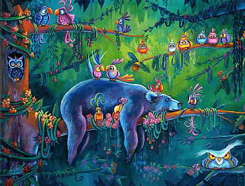 Nap time, green, animal, blue, bird, bear, jungle, pasari HD wallpaper