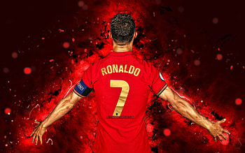 Cristiano Ronaldo, 2021, back view, Portugal National Team, football stars, joy, footballers, Cristiano Ronaldo dos Santos Aveiro, soccer, red neon lights, Portuguese football team, CR7, Cristiano Ronaldo HD wallpaper