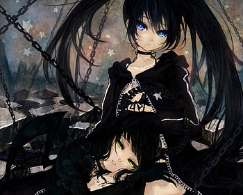 Black Rock Shooter, blue eyes, 2 girls, black rok shooter, cute, lie, leing, takanashi yomi, chin, green eys HD wallpaper