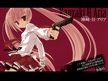 Kanzaki H Aria, black, awesome, uniform, cute, red eyes, beauty, nice, thighhighs, gun, sexy, skirt, white, pistol, twintail, hot, girl, beautiful, pink hair, aria the scarlet ammo, hidan no aria, tie, anime girl, pink, anime, pretty, aria, red, cool, weapon, scarlet ammo, kanzaki HD wallpaper