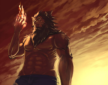 furry muscle, furry, lion muscle, fire, light HD wallpaper