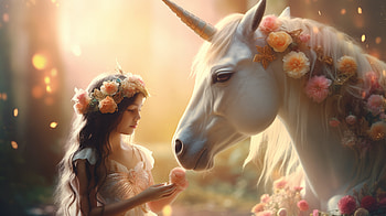 Little Girl With a Unicorn, little girl, unicorn, fairy, flower, AI Art HD wallpaper